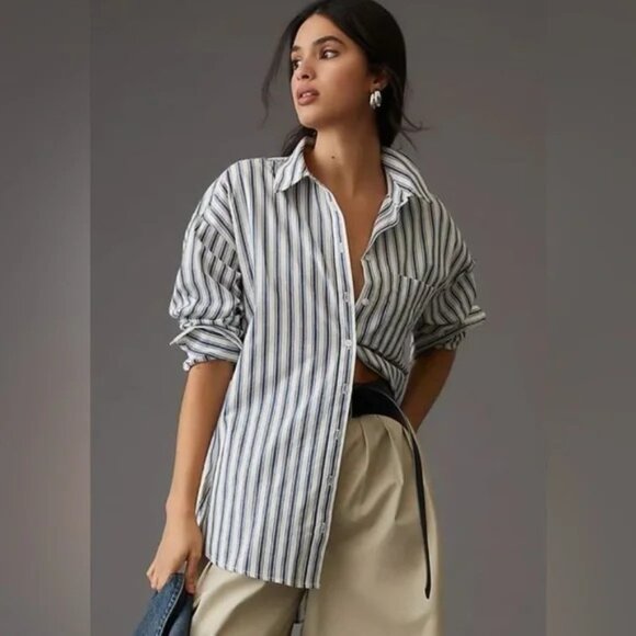 Anthropologie Maeve Blue White Striped The Bennet Button Up Top - Picture 1 of 6